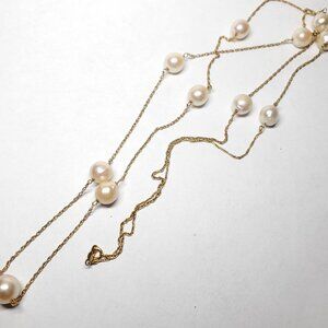 14k Yellow Gold And Pearl Long Station Necklace
